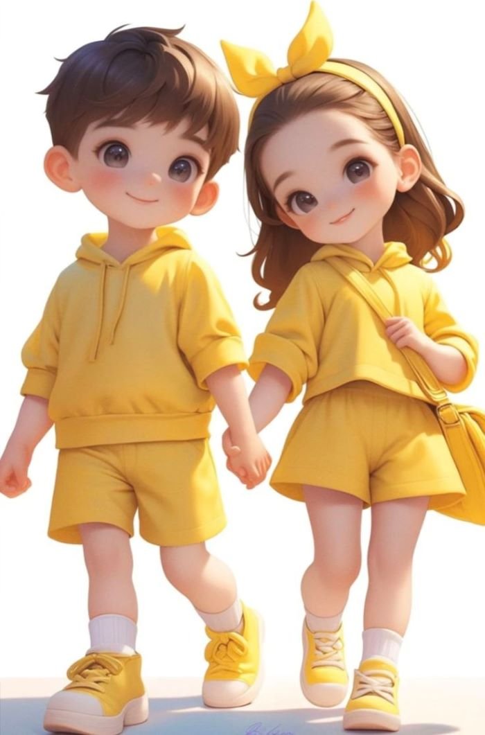 Ảnh cặp đôi chibi mặc đồ đôi màu vàng 