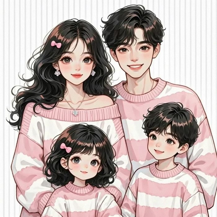 ảnh chibi gia đình 4 người dễ thương
