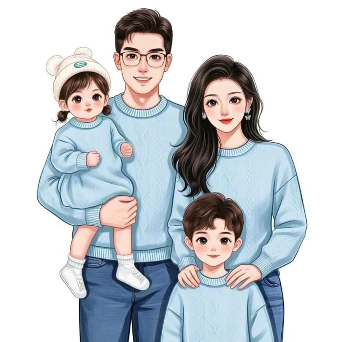 ảnh chibi gia đình 4 người vẽ tay
