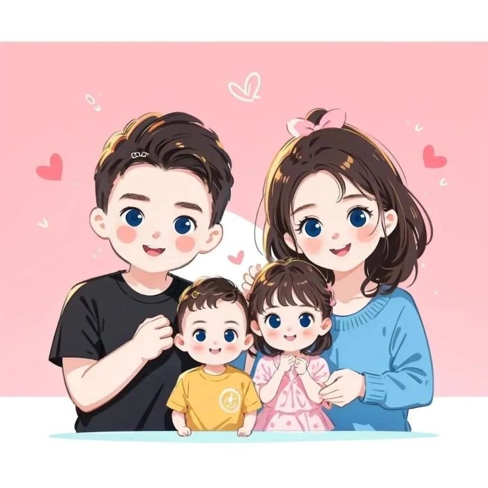 ảnh chibi gia đình 4 người vui vẻ
